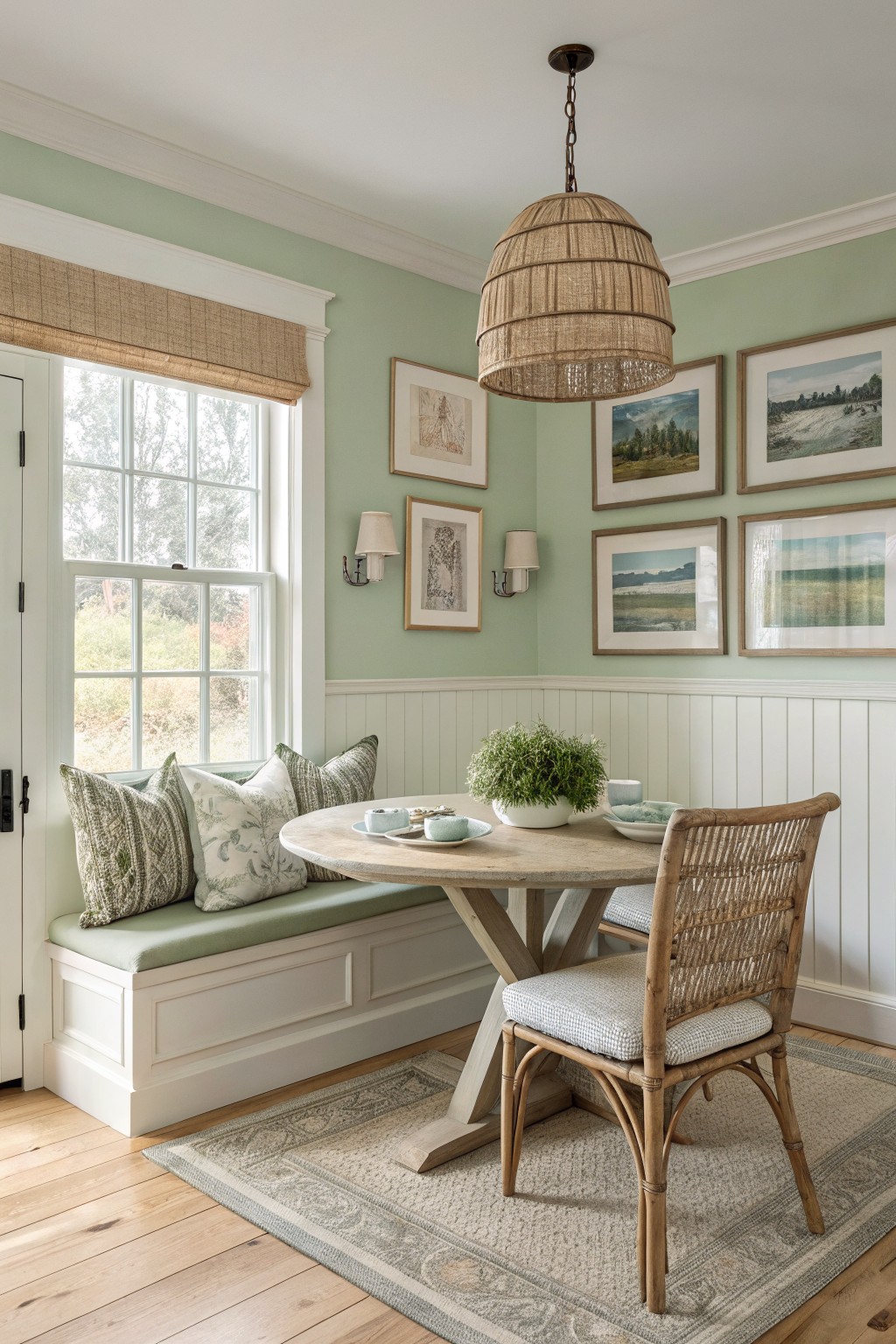 Soft sage green walls in a bright breakfast nook with white wainscoting and a round wood table.
