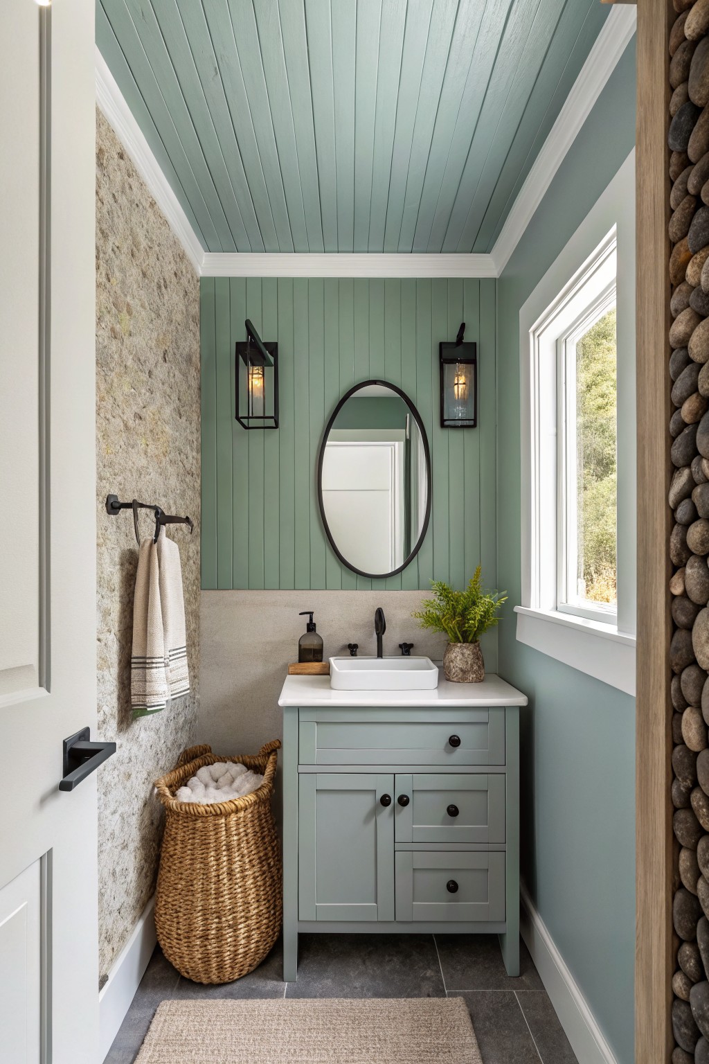 A small bathroom with soft sage green walls and vertical paneling.