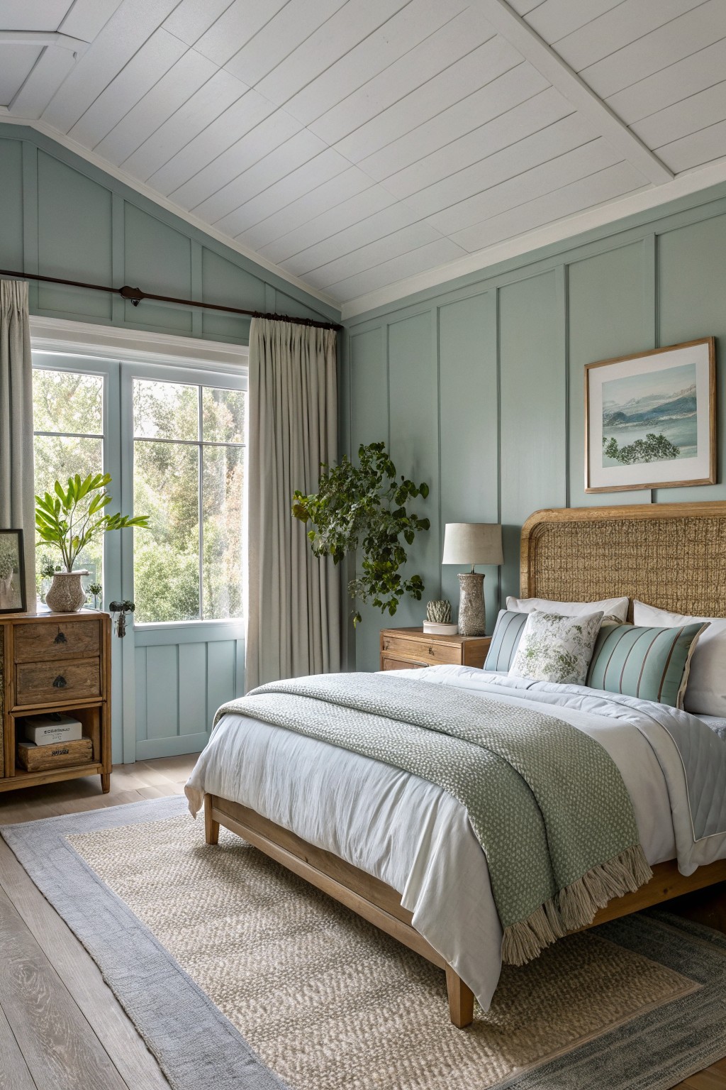 Bedroom with soft sage green walls and a wooden bed frame.