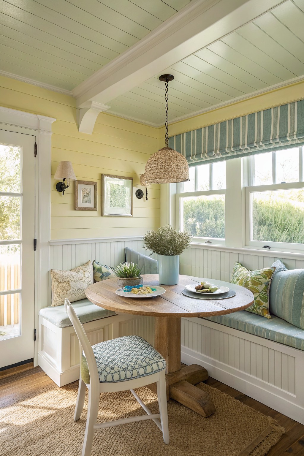 Bright kitchen nook with yellow walls, a wooden table, cushions, and decorative plants.