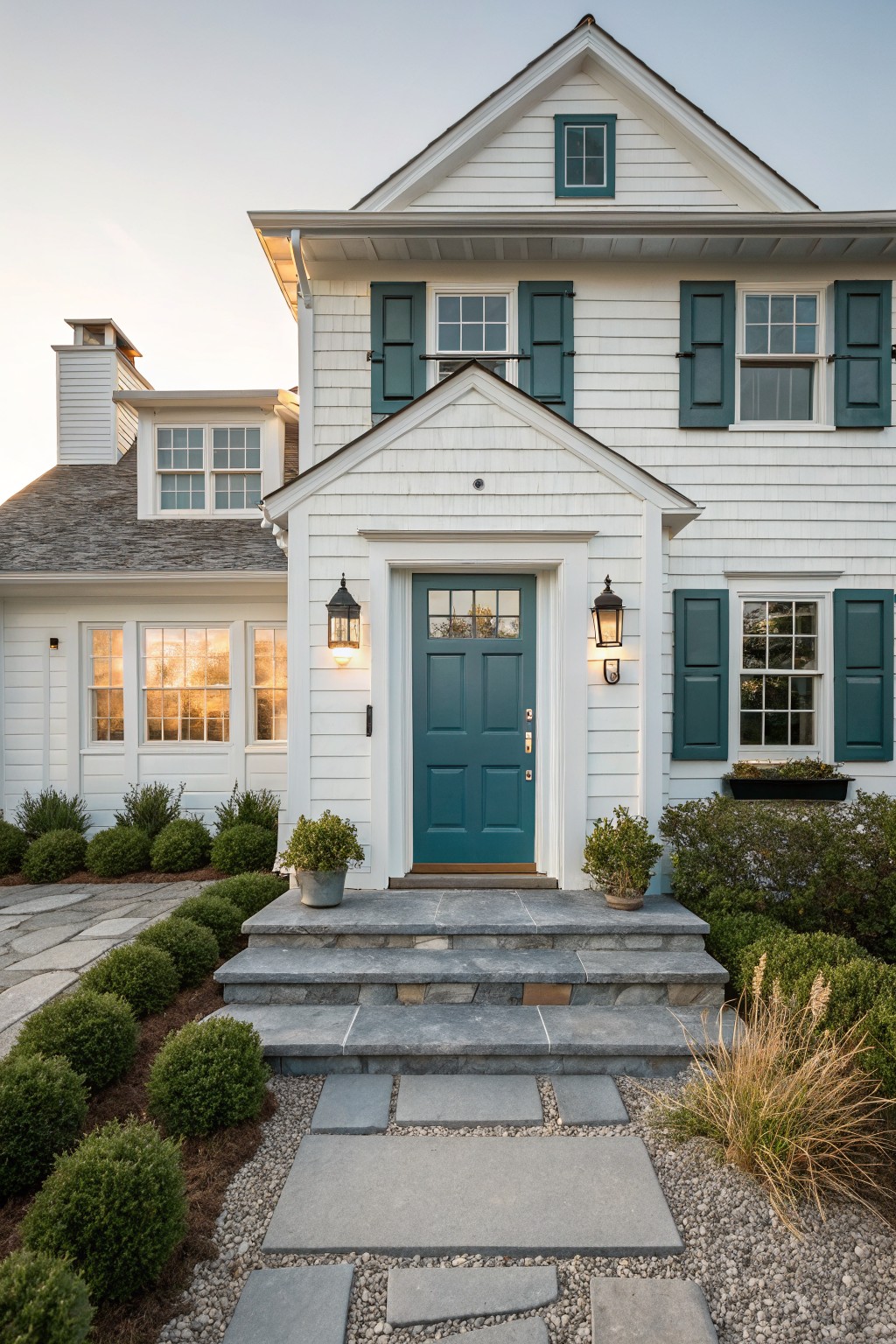 White clapboard siding on a two-story house with stone steps leading to the front door.