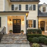 A house with soft pale yellow siding and white trim around the front door.