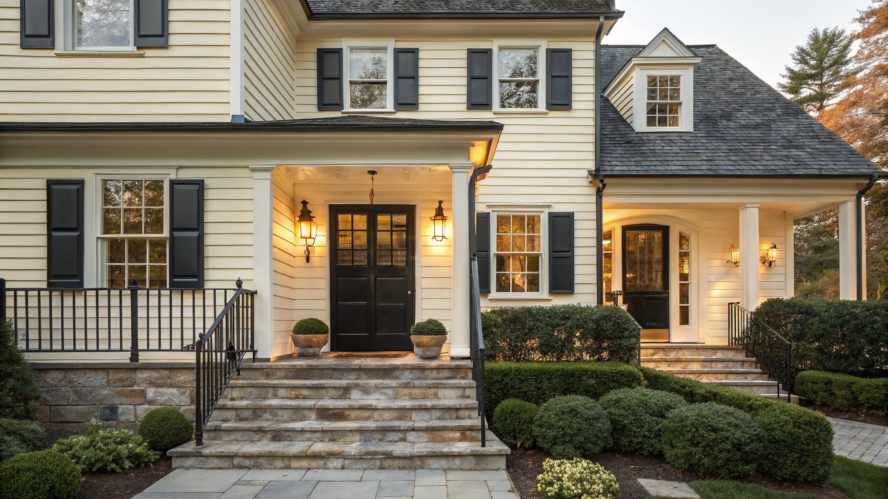 A house with soft pale yellow siding and white trim around the front door.