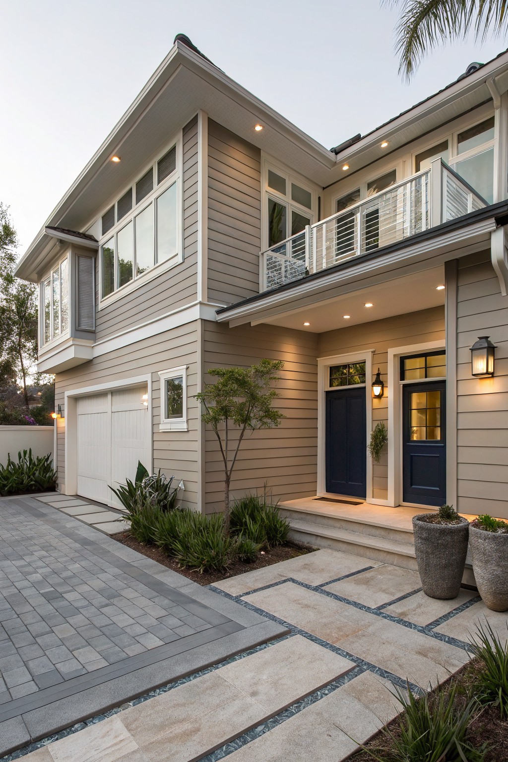A two-story house with greige siding and white trim.