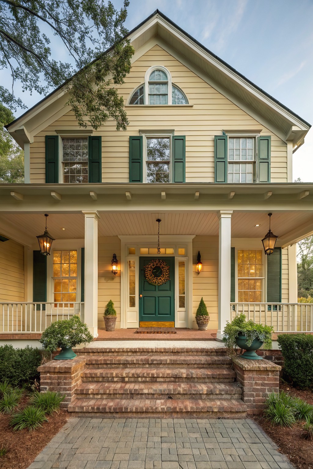 A two-story house with soft pale yellow siding and a welcoming front porch.