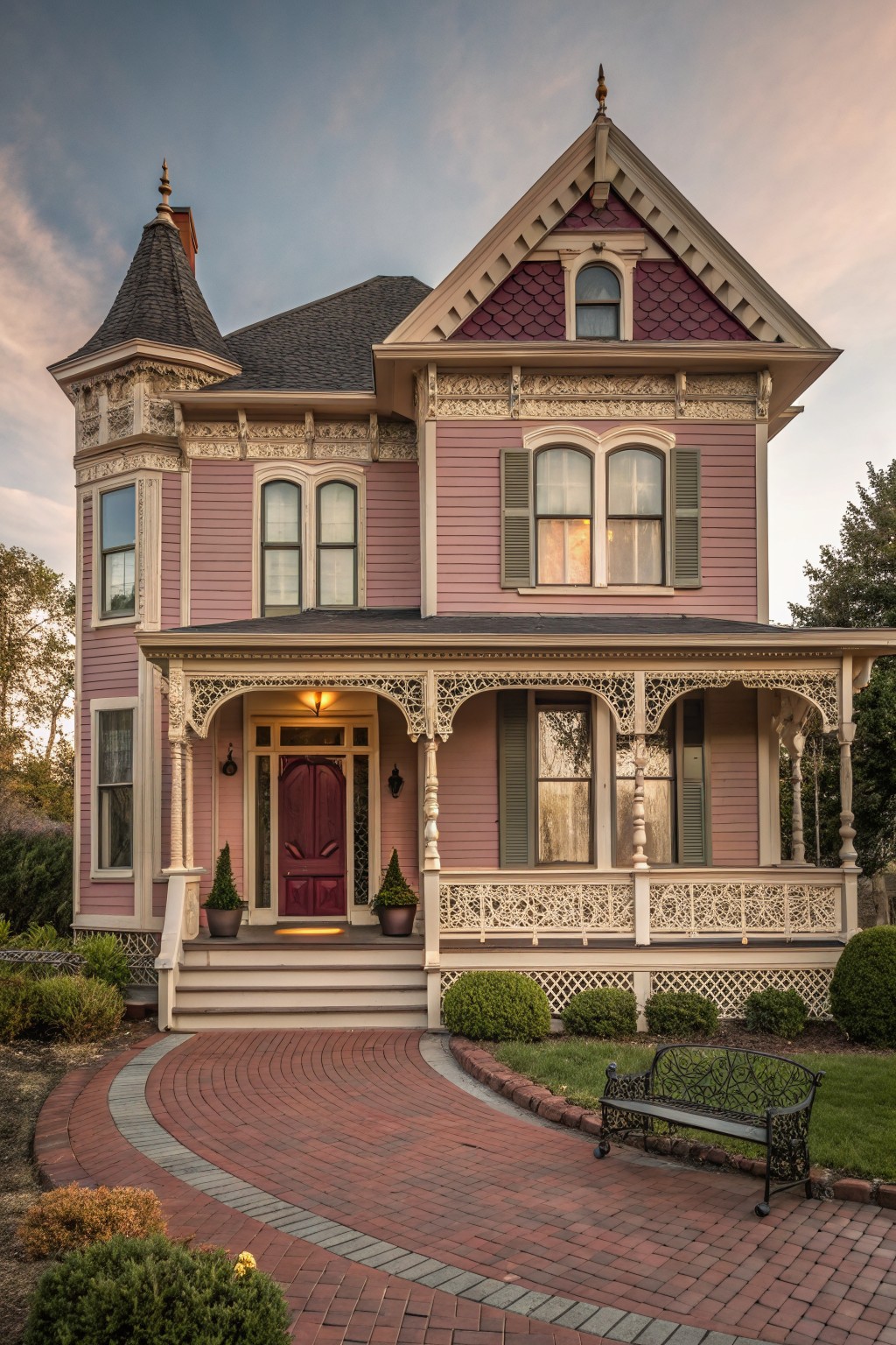 A two-story Victorian house painted in soft dusty pink with cream trim and a dark roof.