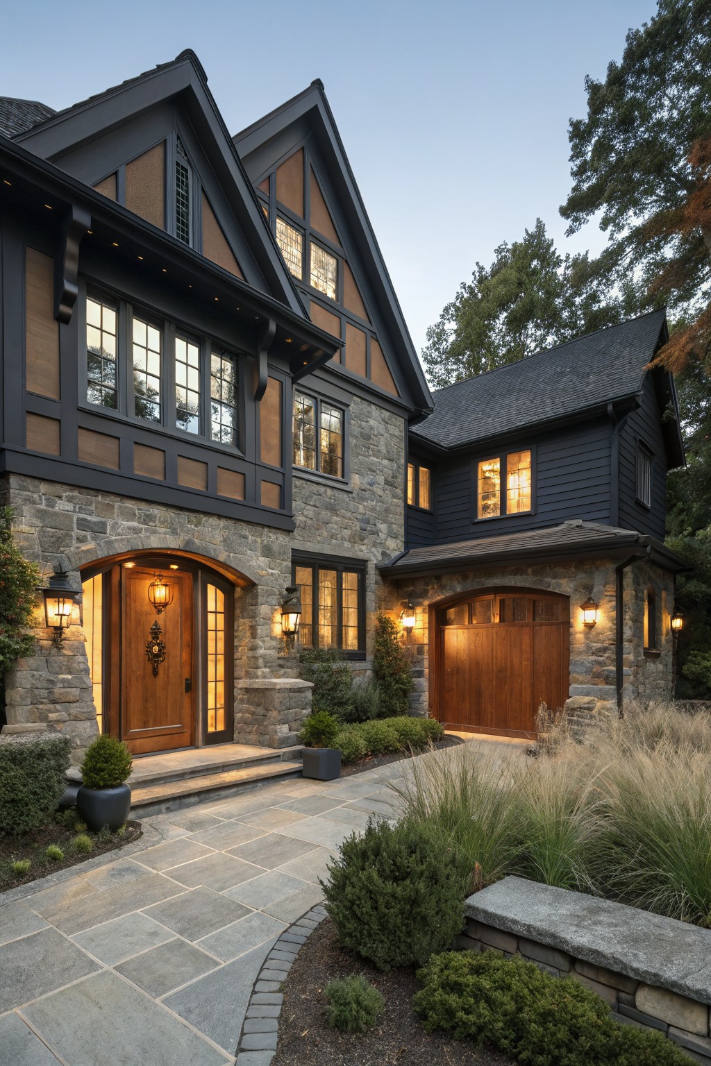 A home exterior with deep navy painted siding next to stone and wood trim.