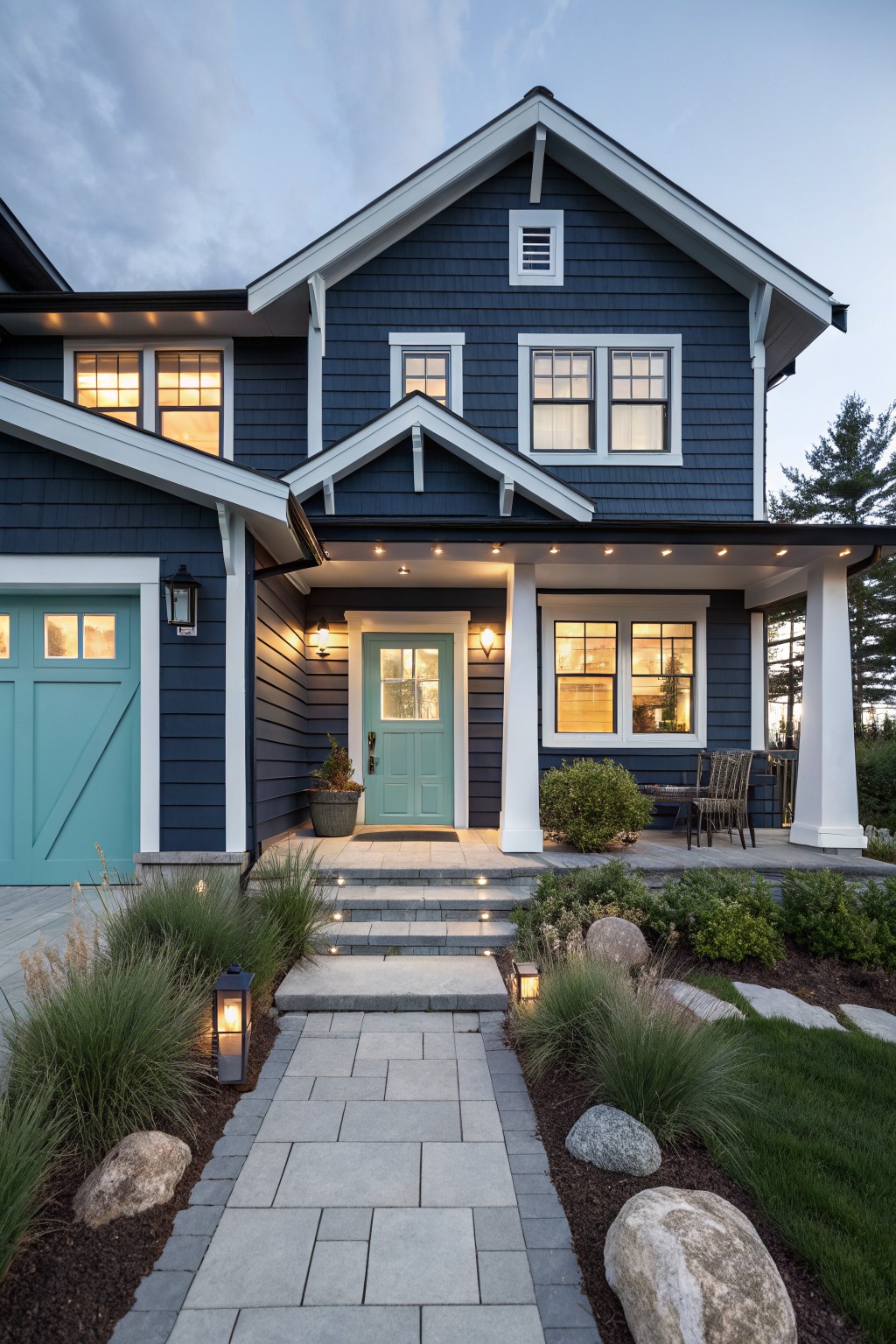 Two-story blue house with bright teal door, path, and landscaped garden at dusk.