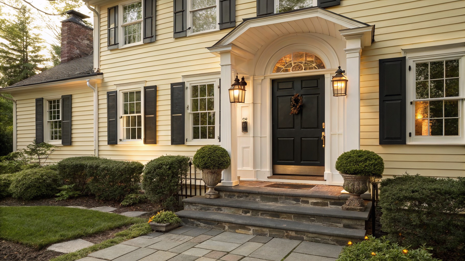 A house exterior with soft warm cream siding and dark shutters.