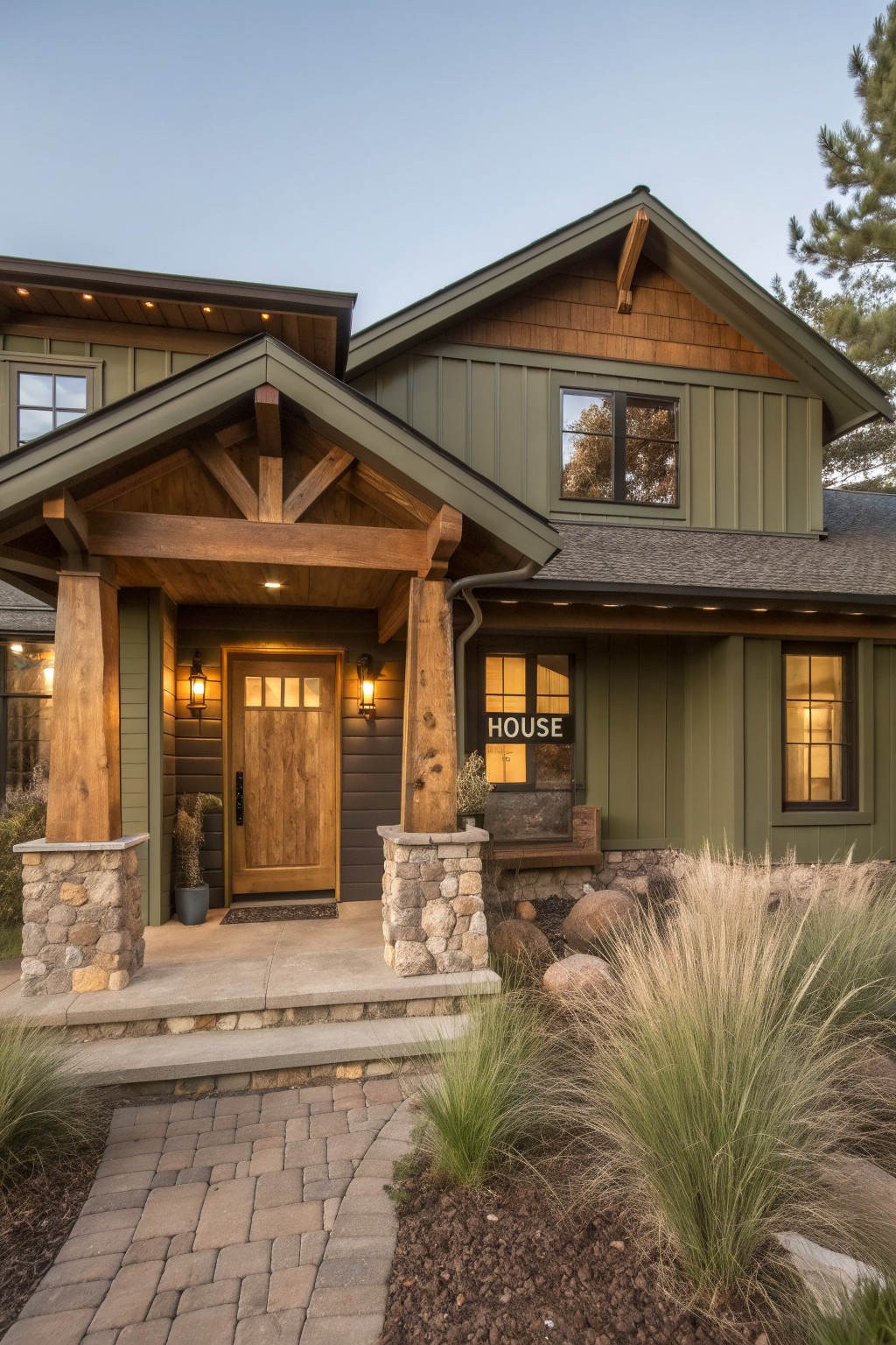 House exterior with muted sage green siding and wood and stone accents.