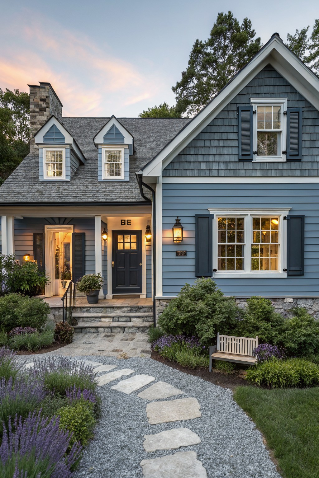 Charming blue house with stone accents, lush landscaping, and a welcoming path.