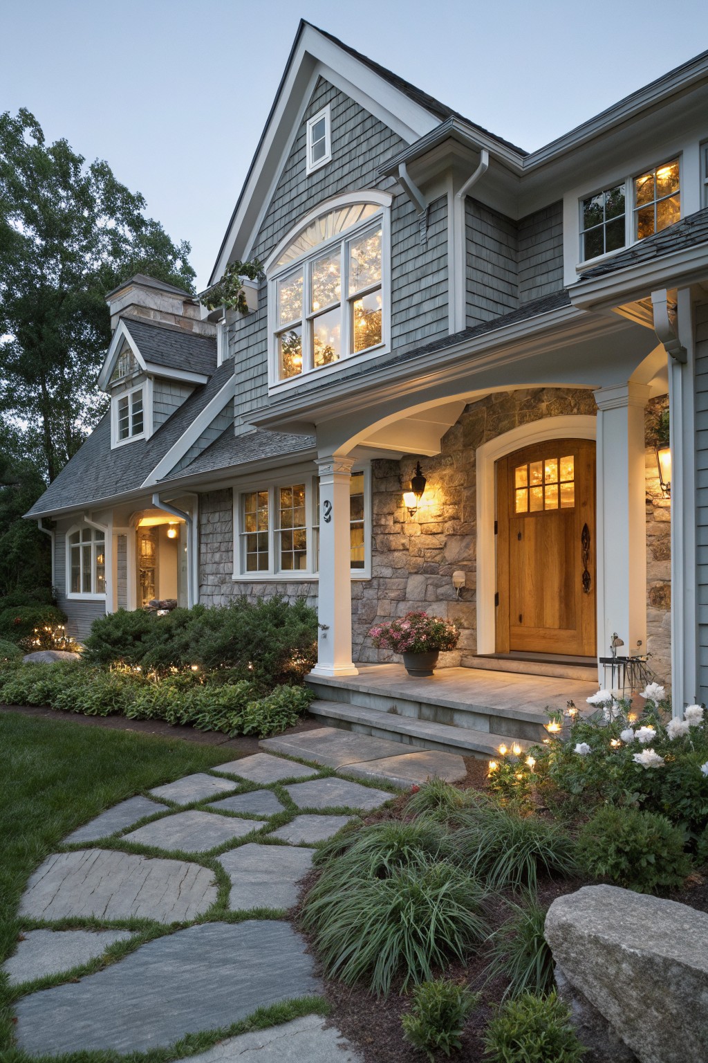 Blue gray shingle siding on the exterior of a traditional home.
