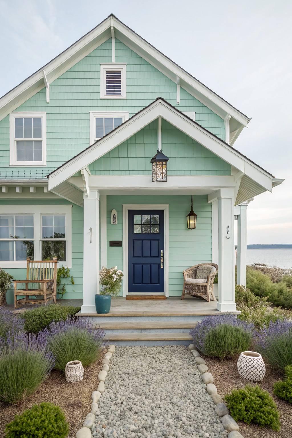 Charming mint green house with a navy door, rocking chairs, lavender, and decorative lanterns.