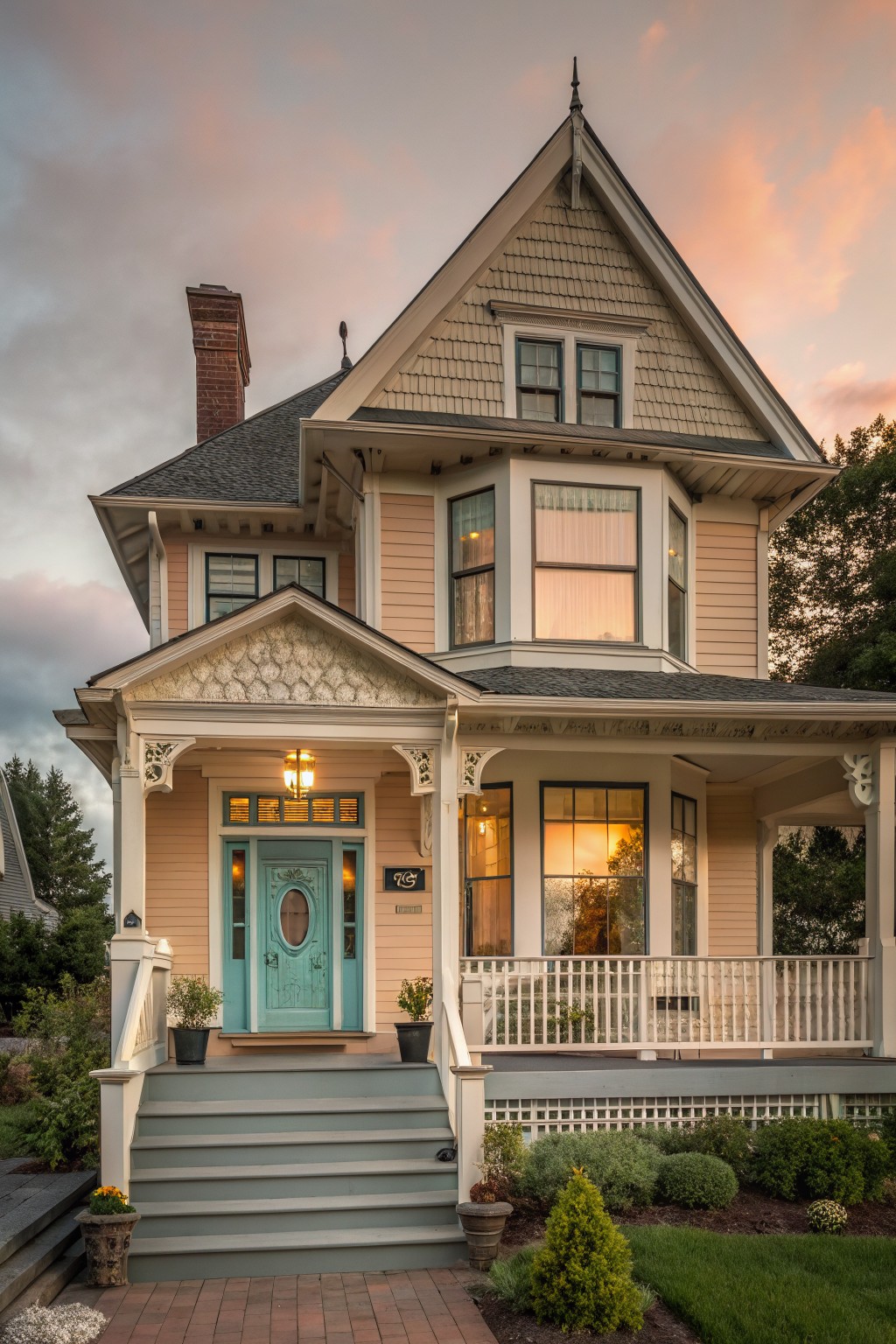 House exterior with soft peach beige siding and white trim.