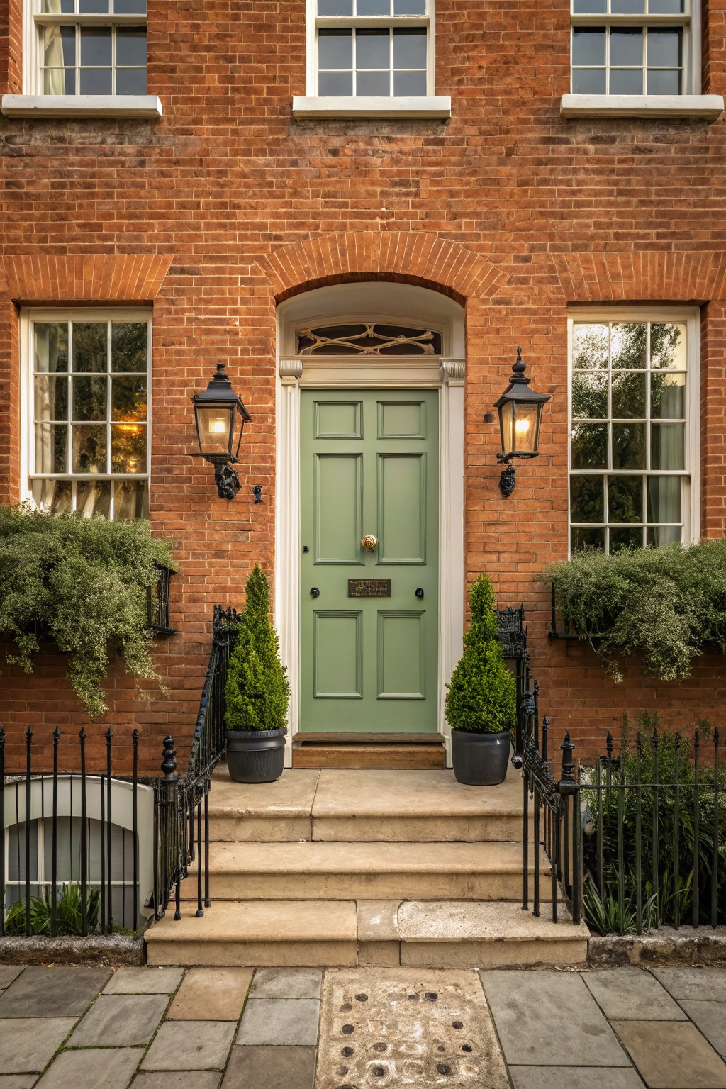 A muted sage green front door on a red brick house with stone steps.