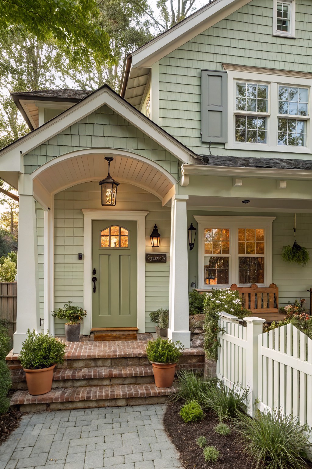 Charming green house entrance with a brick walkway, potted plants, and a welcoming door.