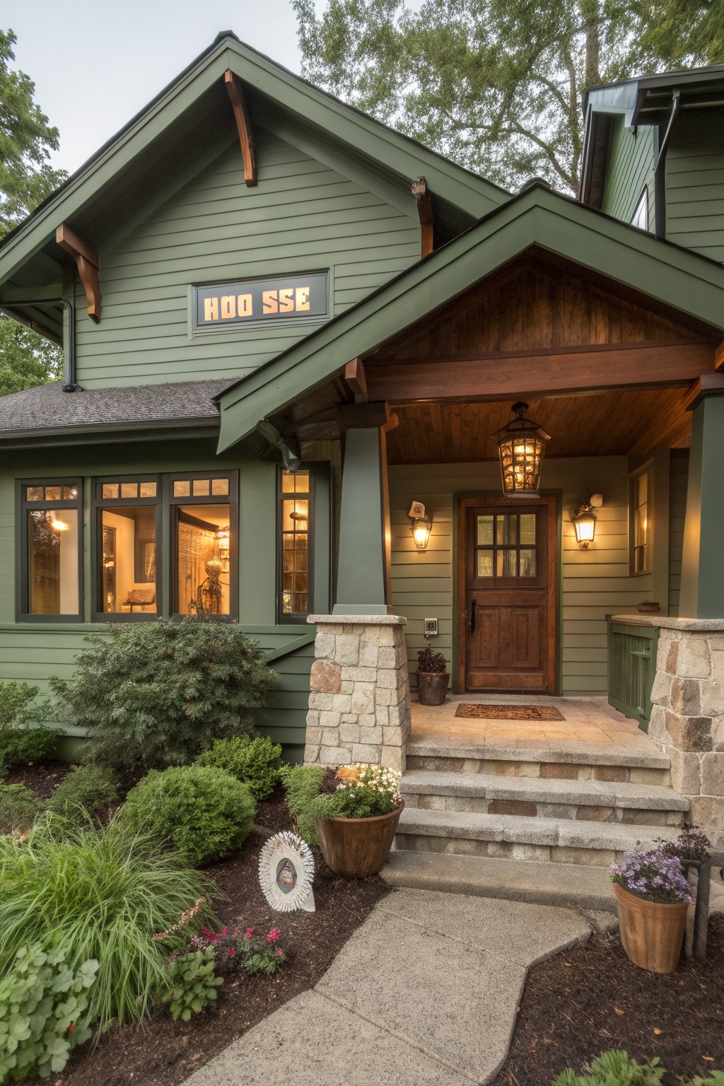 A house with soft sage green siding and a covered front porch.