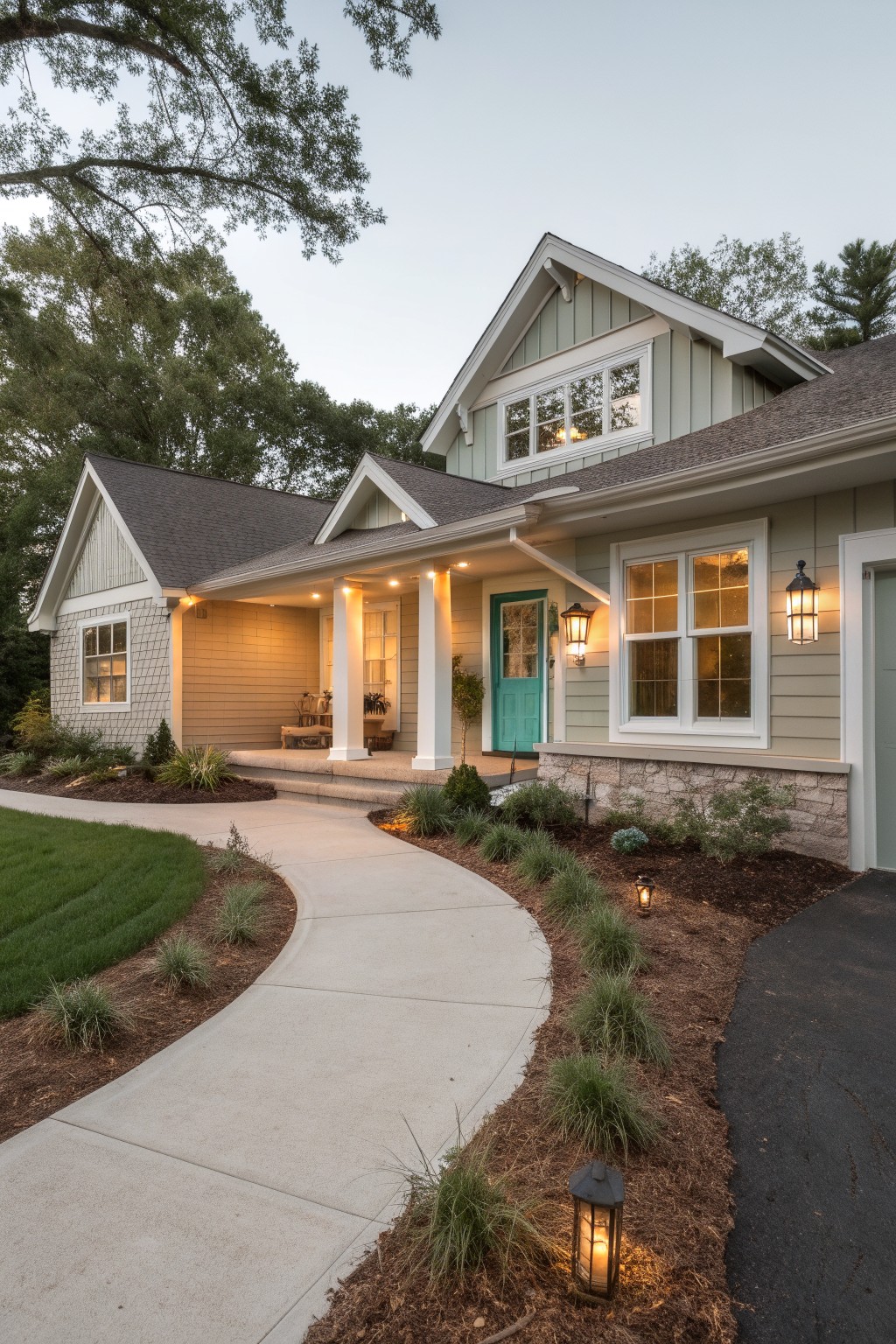 Light sage green siding on a house with white trim and a concrete walkway.