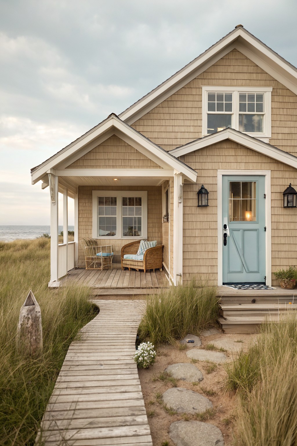 Charming beach house with a light blue door, wooden deck, and cozy seating.