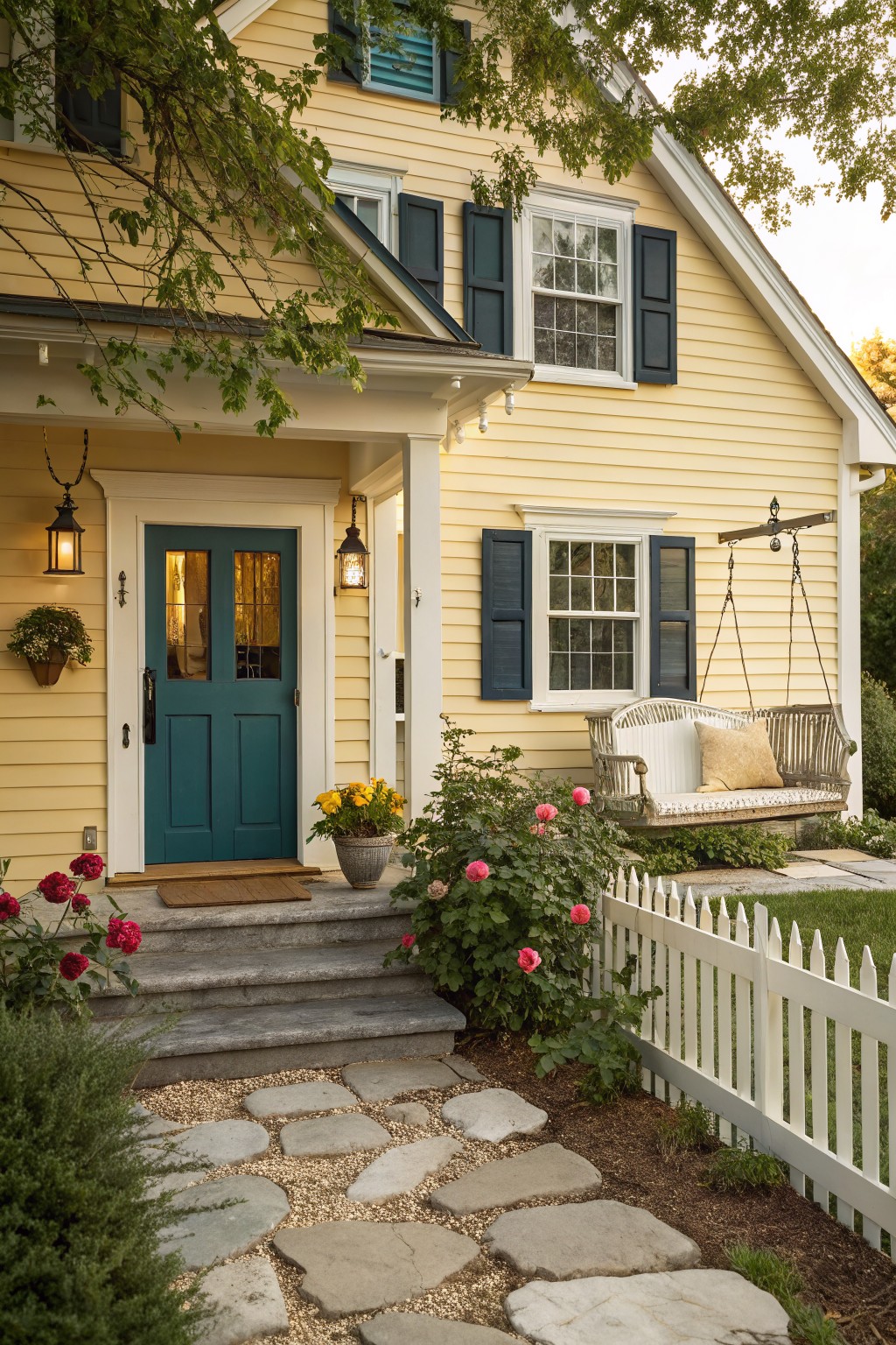 Charming yellow house with teal door, swing, flower beds, and stone pathway.
