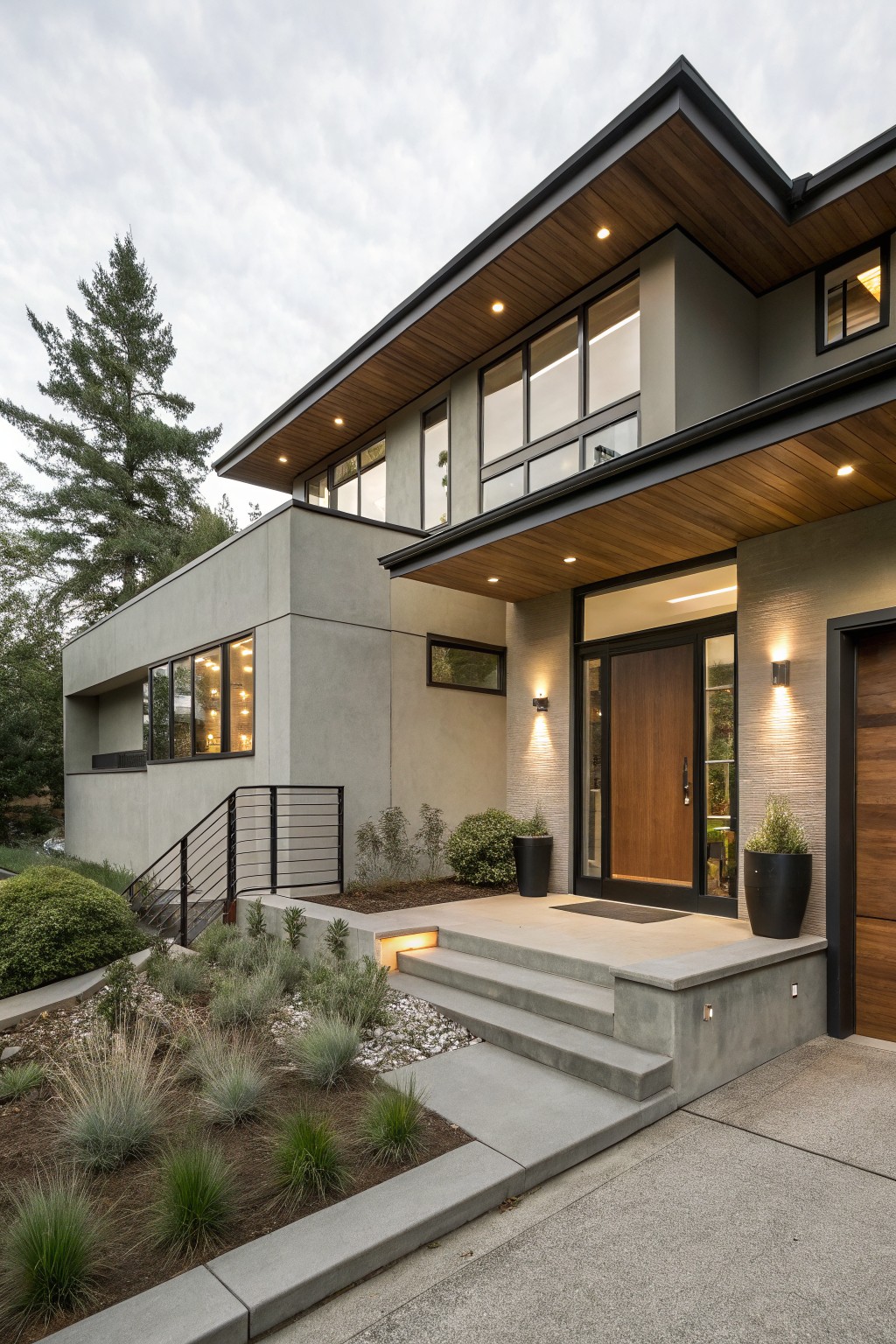 Modern home exterior painted in a warm gray with wood overhang details.