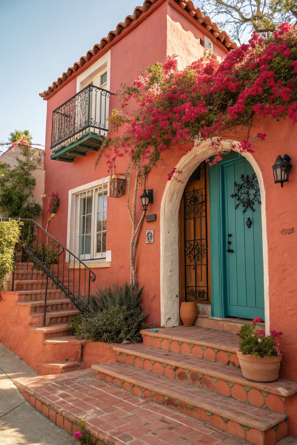 Colorful house with pink walls, blue door, and blooming flowers on a sunny day.