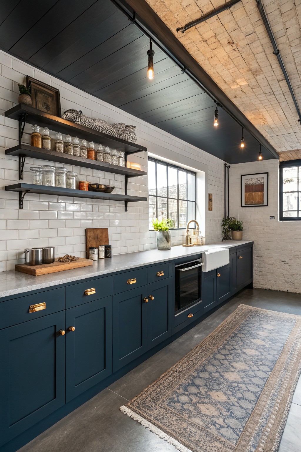 Kitchen with deep navy cabinets and white subway tile backsplash.