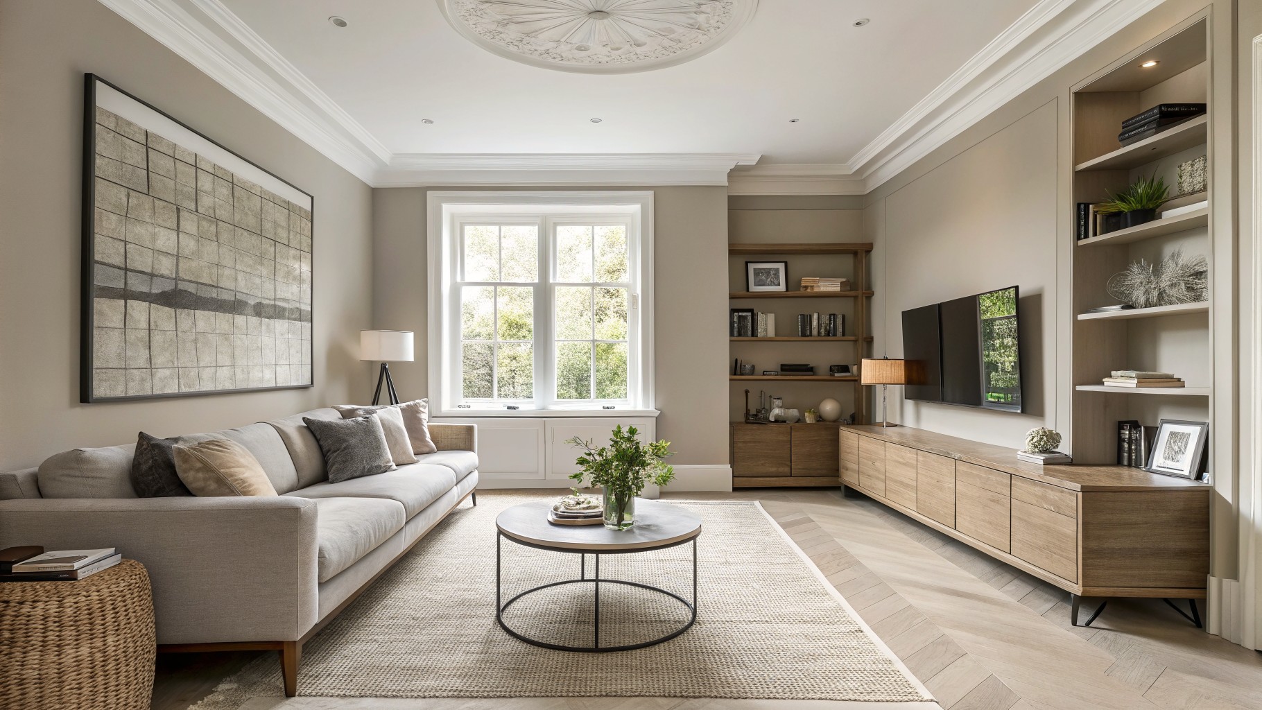 Warm greige walls in a living room with wood built-ins and a gray sofa.