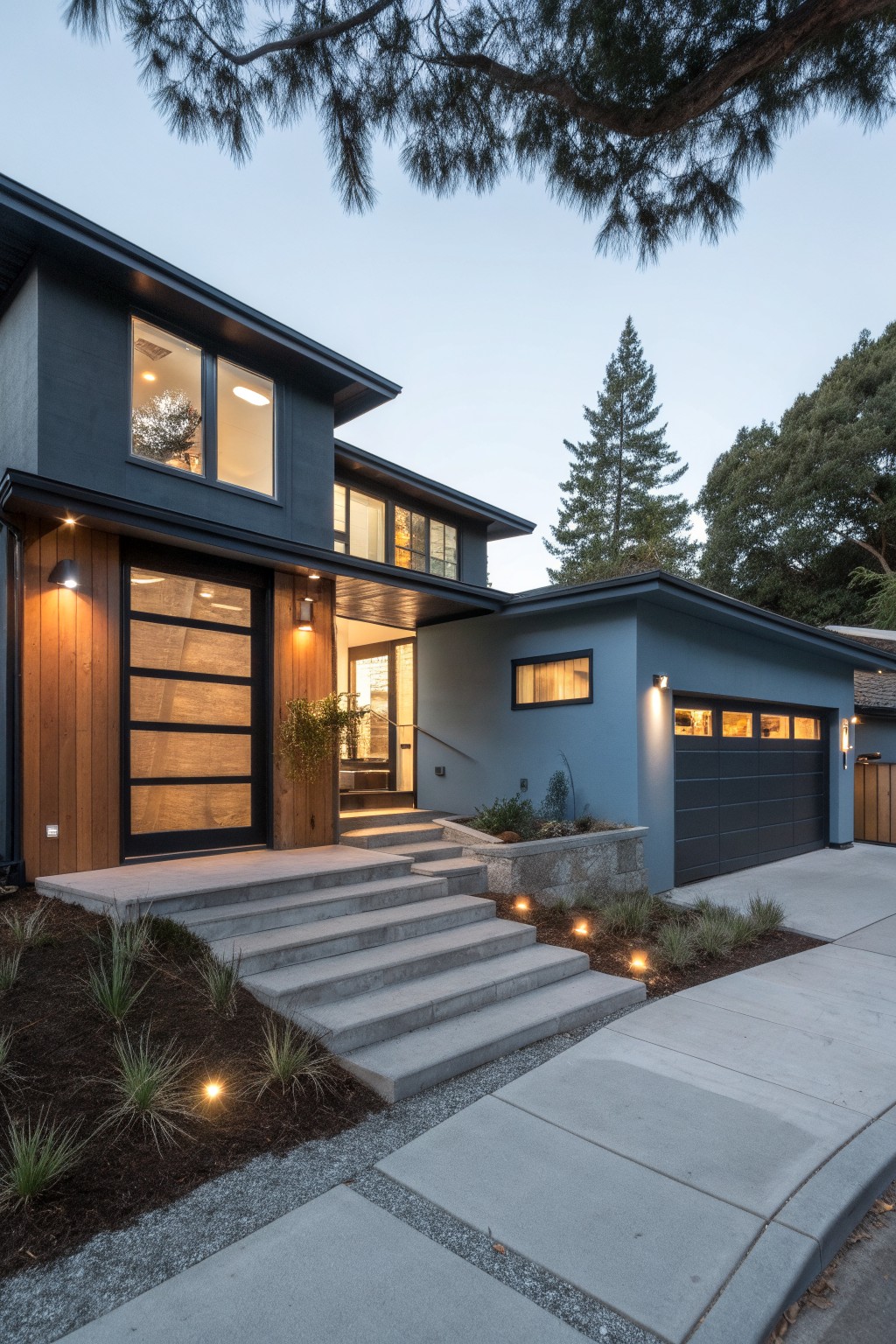 A modern house exterior painted in a muted blue gray with wood accents and concrete steps.