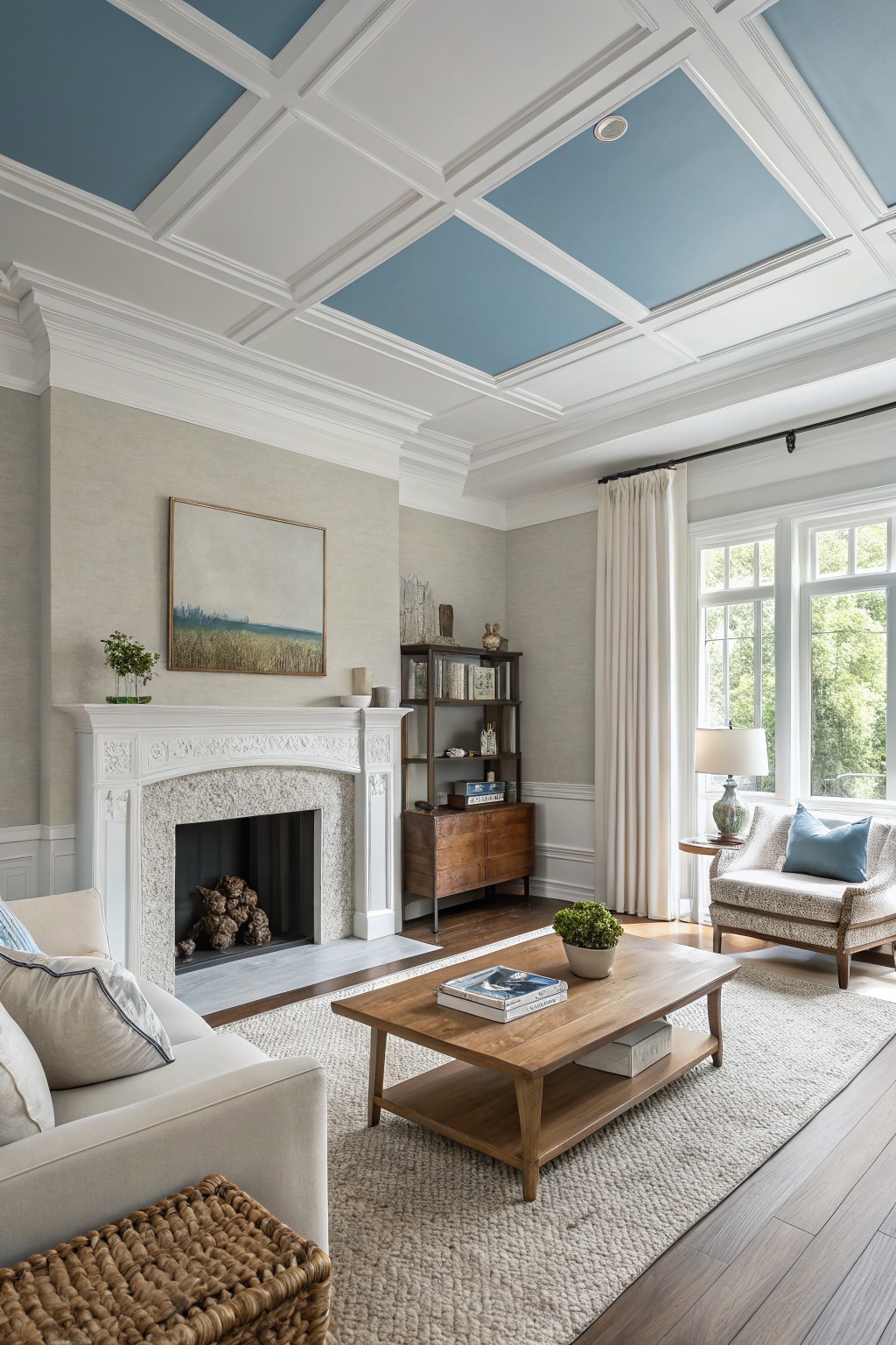 A living room with a soft blue coffered ceiling above neutral walls.