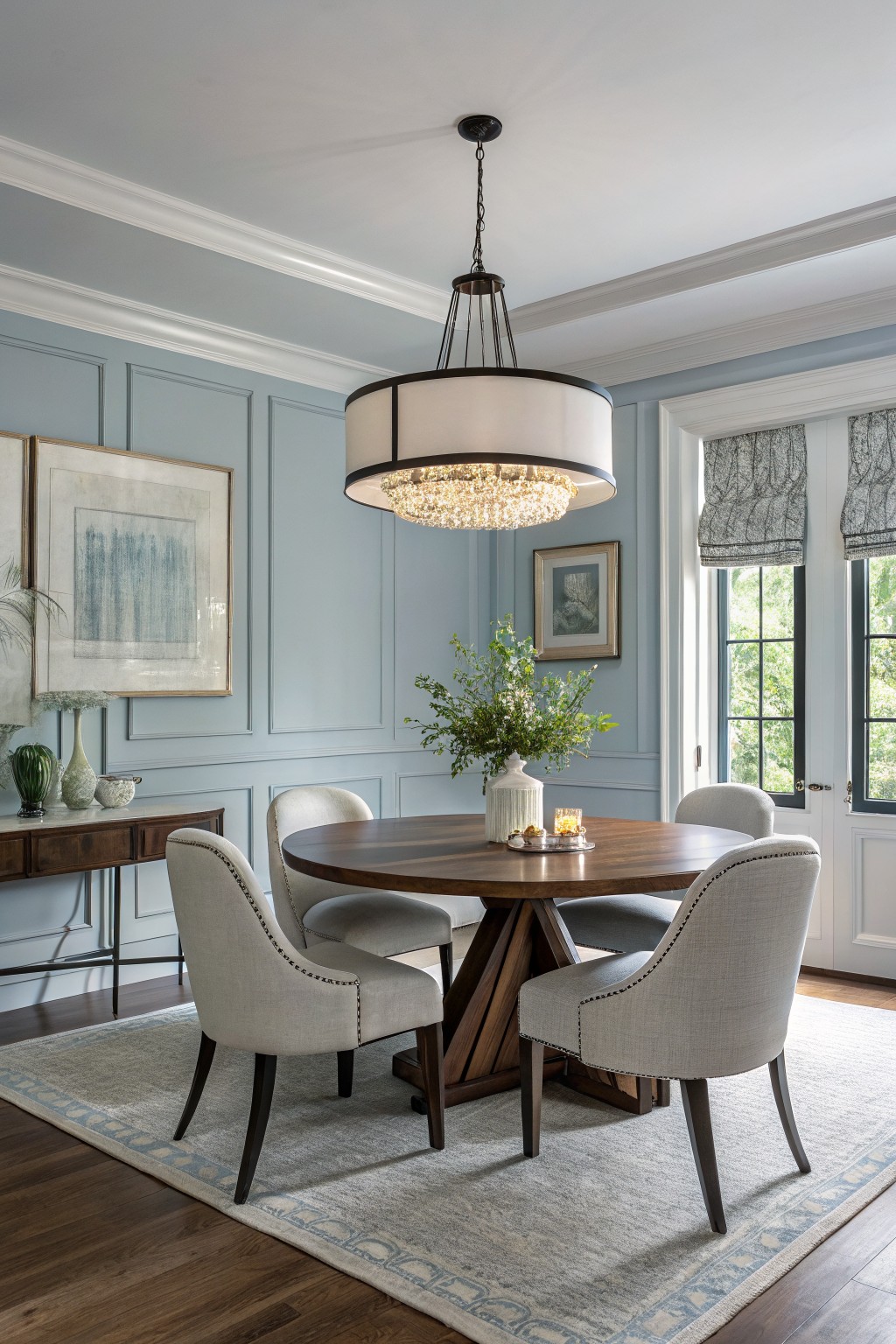 Light blue gray walls in a dining room with a round wood table and upholstered chairs.