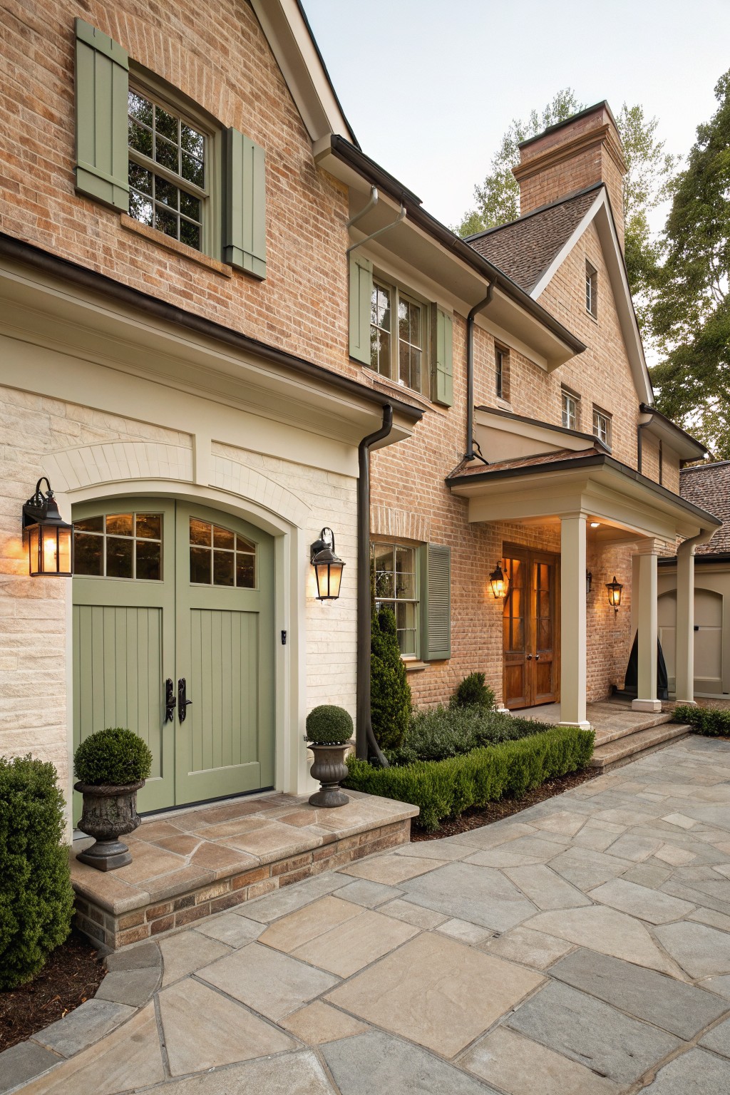 A brick house exterior with soft sage green painted doors and matching shutters.