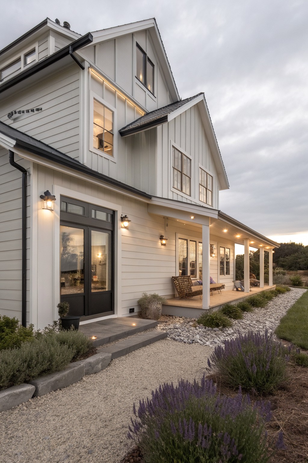 A modern house exterior painted in soft greige with white trim and a covered porch.