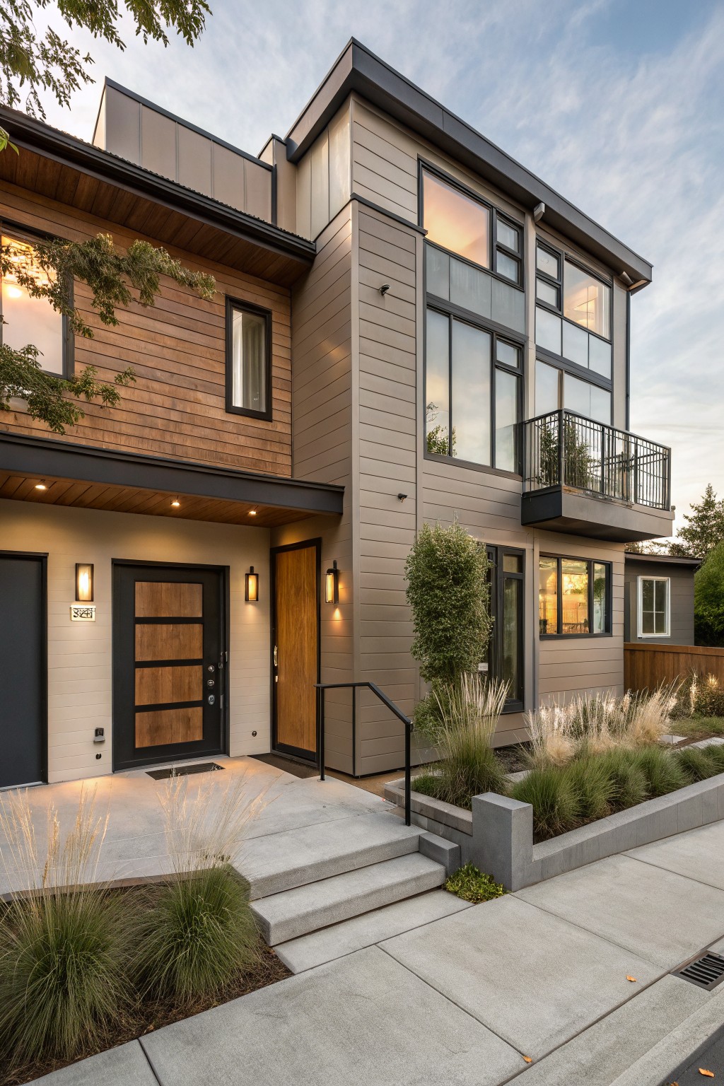 Modern house with warm greige siding and wood accents on the exterior.
