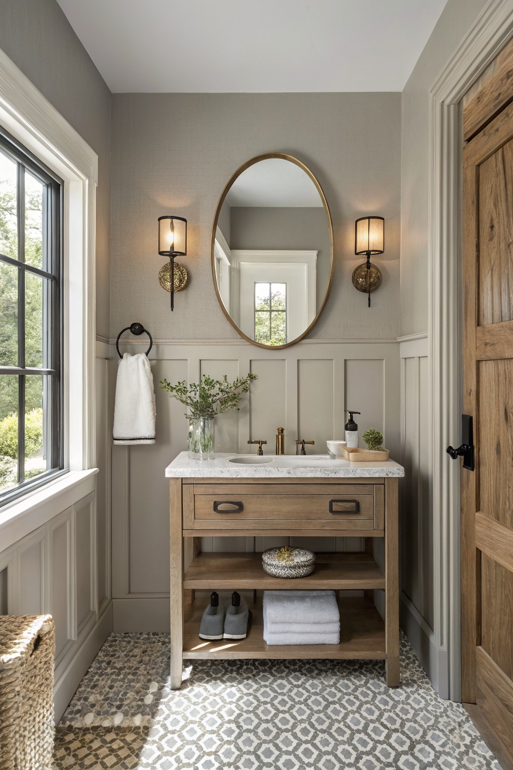 A bathroom with soft greige walls above light paneling and a wood vanity.