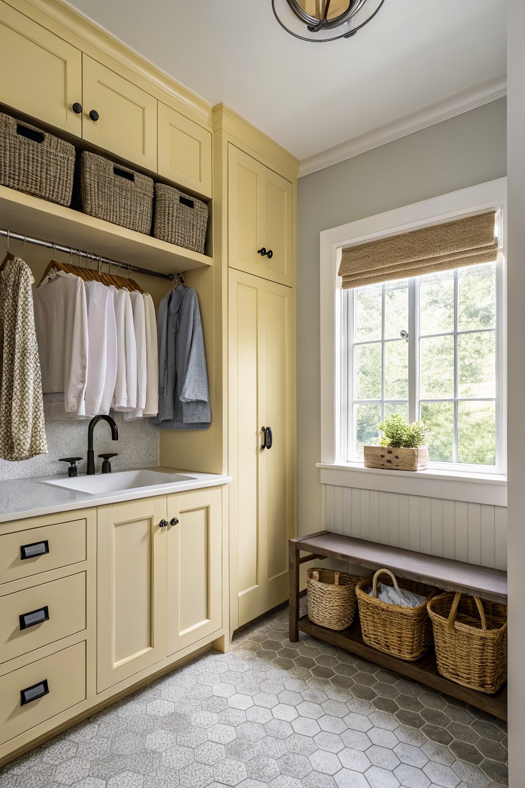 Soft yellow cabinetry in a laundry room with gray walls and a window.
