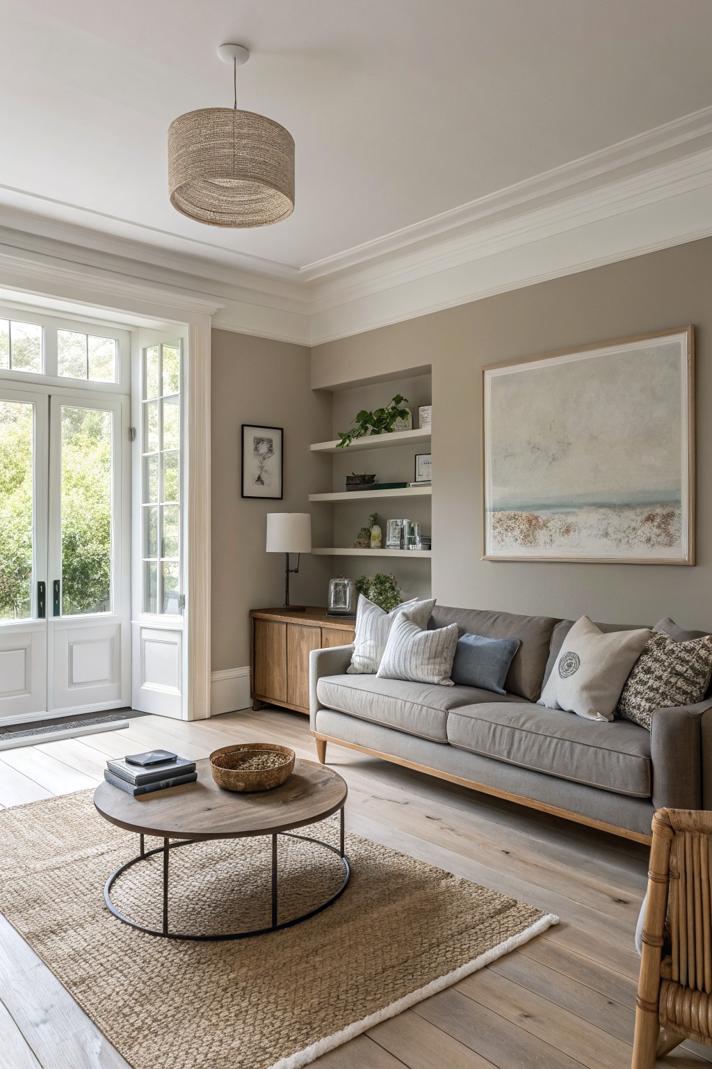 Warm greige walls in a living room with wood built-ins and a gray sofa.