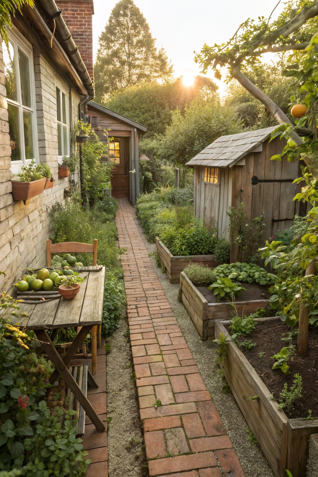 Narrow backyard with red brick pathway flanked by wooden raised garden beds containing vegetables and herbs, a small wooden table with apples and a plant pot beside it, a garden shed at the end, and the side wall of a white house with window boxes.