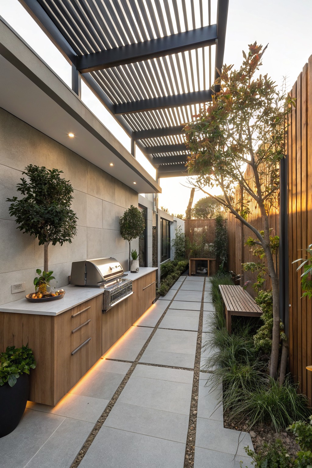 Narrow backyard featuring a built-in wooden outdoor kitchen with stainless steel barbecue, countertop, and drawers along a rendered wall, adjacent to a stone pathway leading to a wooden bench, surrounded by potted plants, grasses, and timber fencing under a slatted metal pergola.