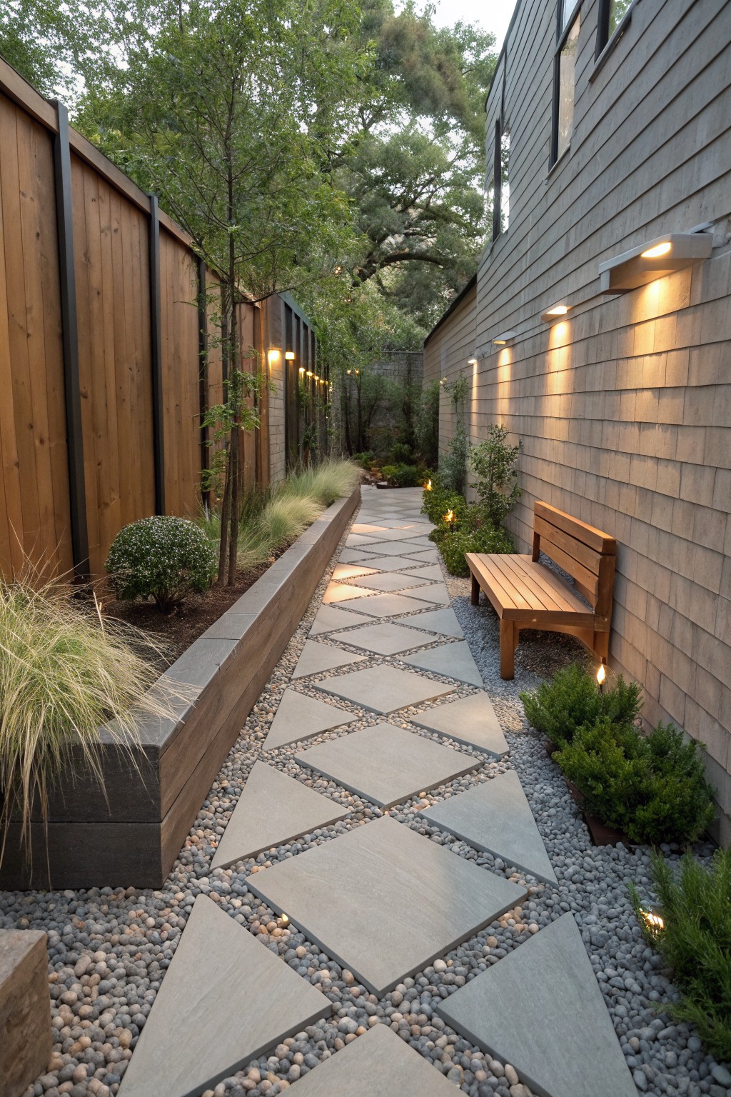 Narrow backyard pathway of diamond-patterned gray concrete pavers set in light gravel, bordered by wooden raised planter with grasses and shrubs, wooden bench against shingled house wall, and low garden lights.