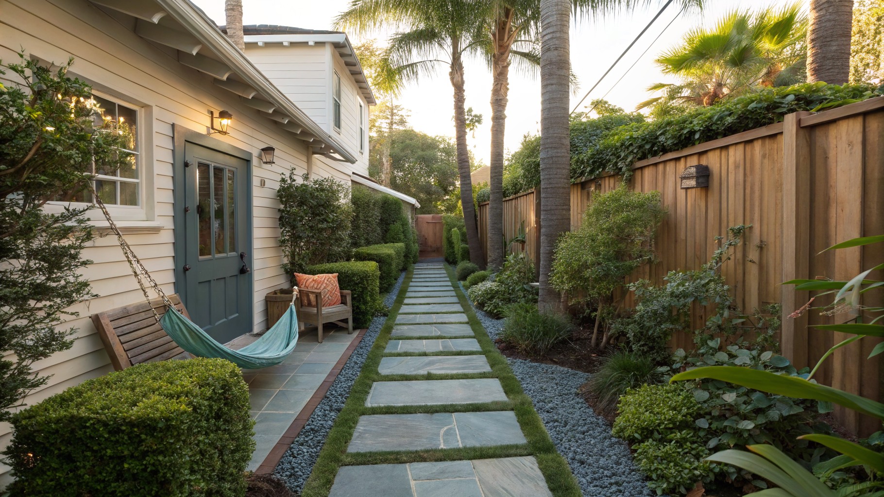 Narrow backyard pathway of large gray stepping stones set in gravel, lined with plants and grasses, palm trees, wooden fence with hammock, and adjacent gray house wall.