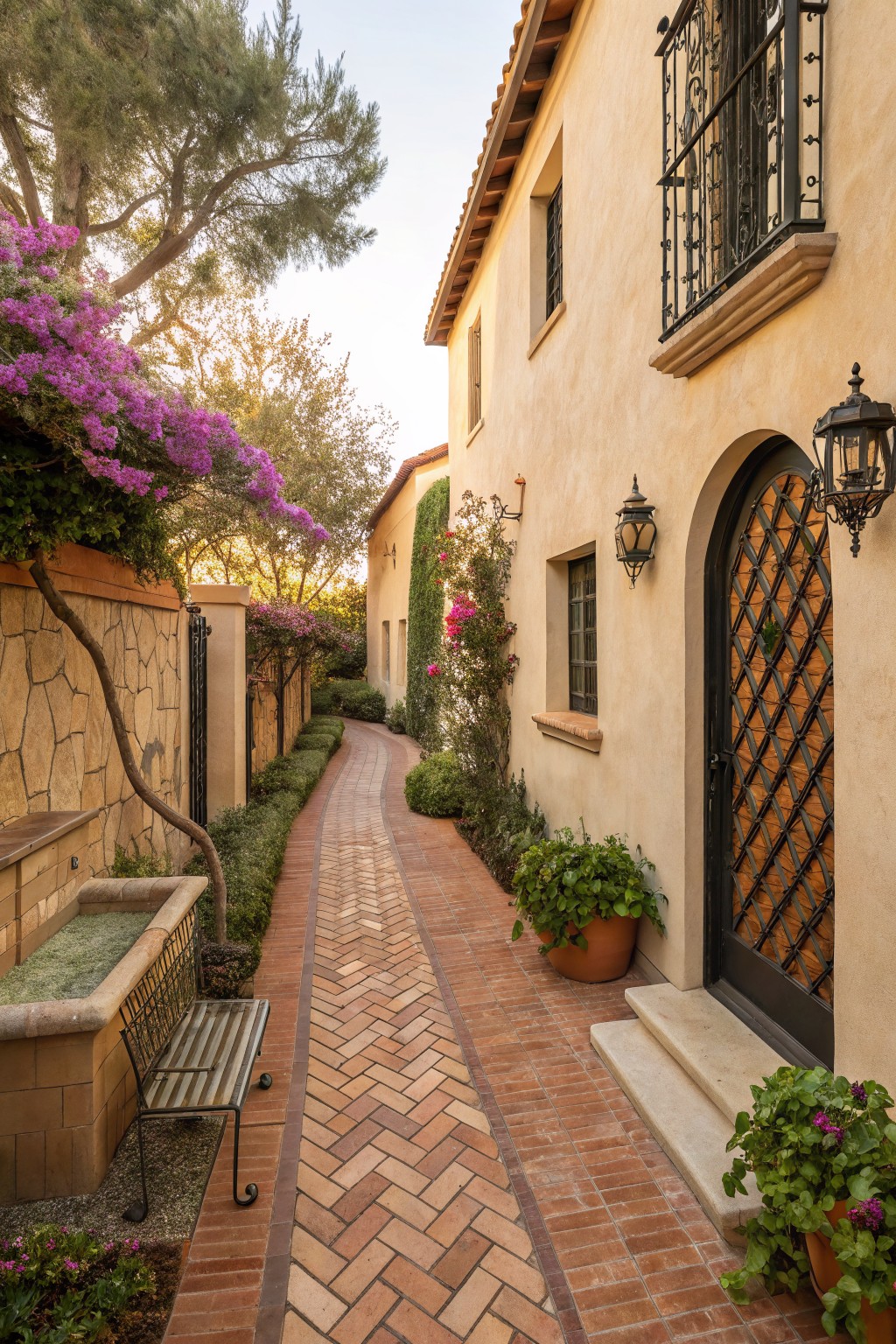 Narrow backyard walkway of red herringbone brick pavers curving between stucco walls covered in purple bougainvillea, with a stone bench by a fountain and potted plants near a wooden gate.