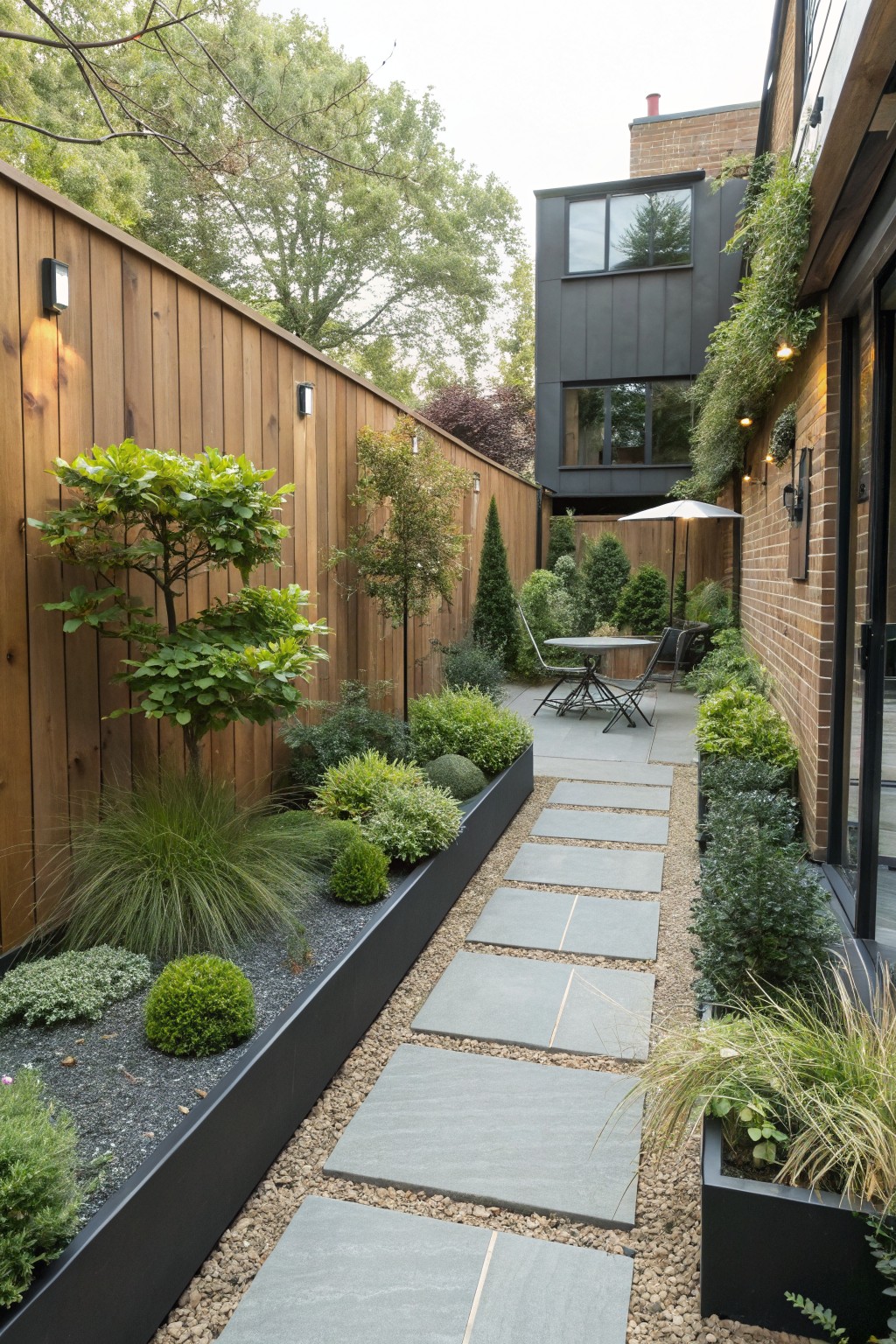 Narrow backyard garden with central gravel path of rectangular grey stone pavers flanked by black raised planters containing grasses, shrubs, and small trees, wooden fences on sides, bistro table and chairs near brick and glass house wall.
