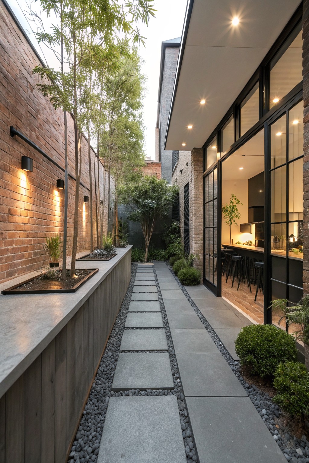 Narrow backyard alleyway with central gray stone paver path edged in pebbles, raised concrete planters with trees against a brick wall lit by black wall sconces, leading to open black-framed glass doors revealing a modern kitchen with bar stools.