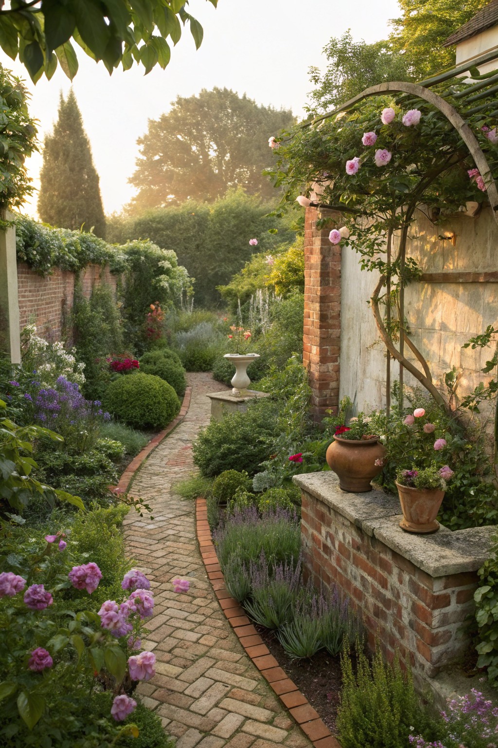 Narrow winding brick path through a lush garden with pink roses on an archway, lavender borders, flower beds, shrubs, and potted plants against brick walls in soft light.