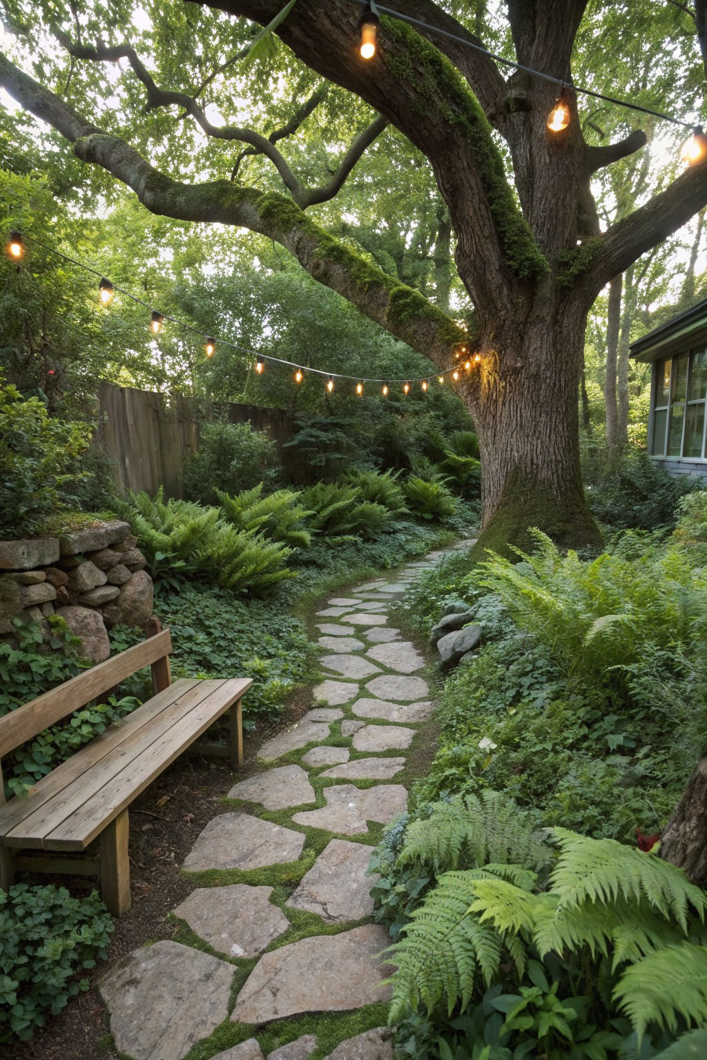Narrow backyard garden with a curving flagstone path through dense ferns, a wooden bench beside a stone wall, large mossy tree overhead, and string lights strung between branches.