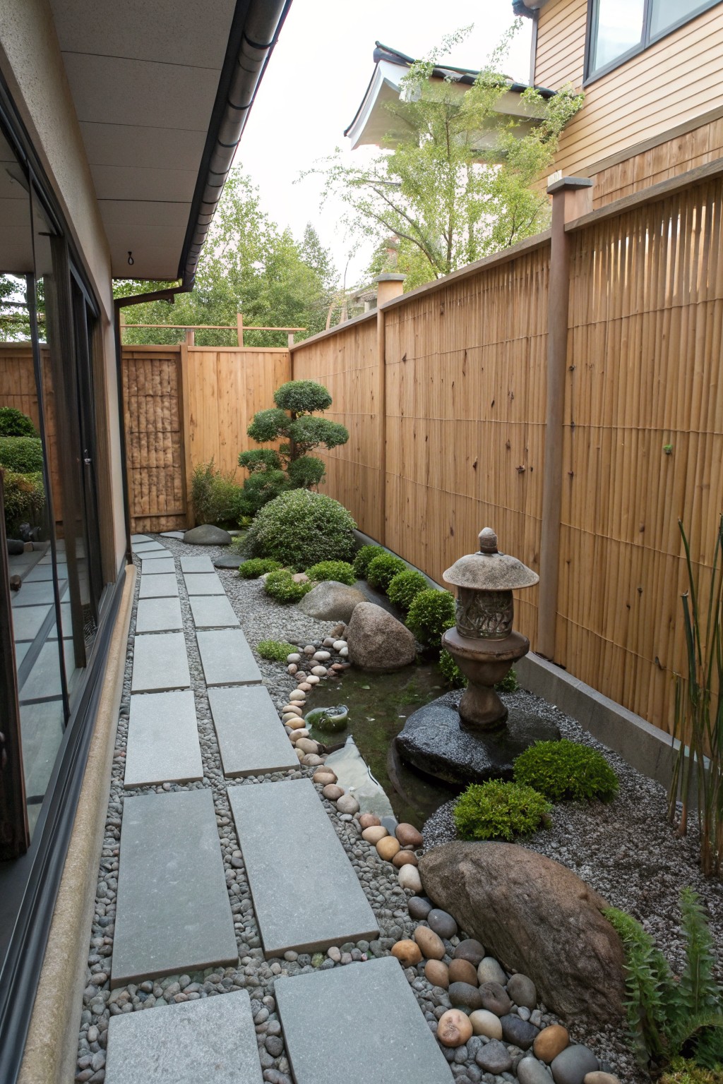 Narrow backyard garden strip beside a house with a winding path of gray stone slabs, gravel, rocks, bonsai trees, small pond, stone lantern, and bamboo fence.