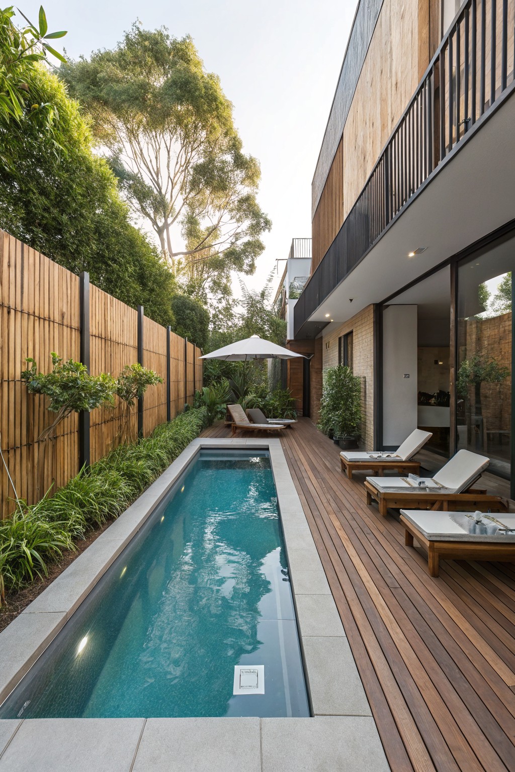 Narrow rectangular inground pool with turquoise water and gray stone edging, wooden deck platform with lounge chairs on one side, bamboo fence and greenery on the other, modern house wall with glass doors nearby.