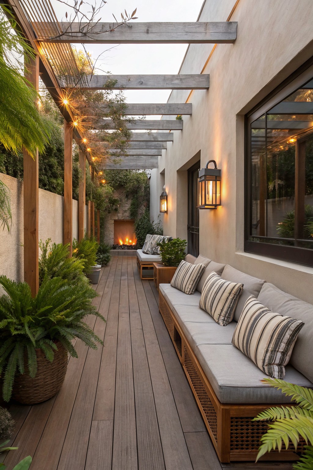 Narrow wooden deck under a slatted wooden pergola with string lights and vines, lined with large potted ferns, a built-in rattan bench with gray cushions and striped pillows, a burning wall fireplace, potted plants, and wall lanterns next to a door and windows in beige stucco walls.