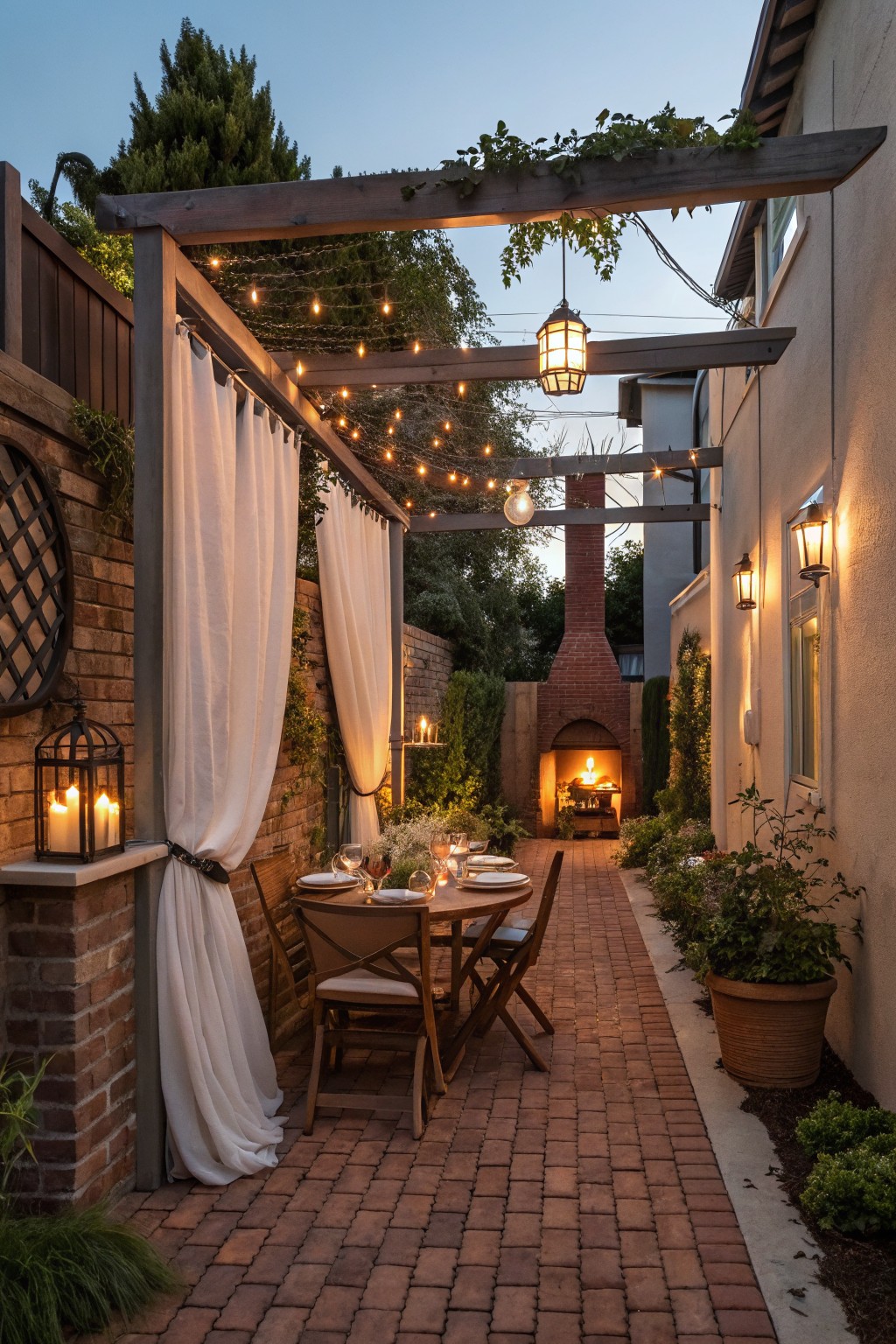 Narrow backyard brick pathway covered by wooden pergola with string lights and hanging lantern, white curtains draped along one brick wall, wooden dining table with chairs set for meal, plants in pots, and brick outdoor fireplace with fire at the end.